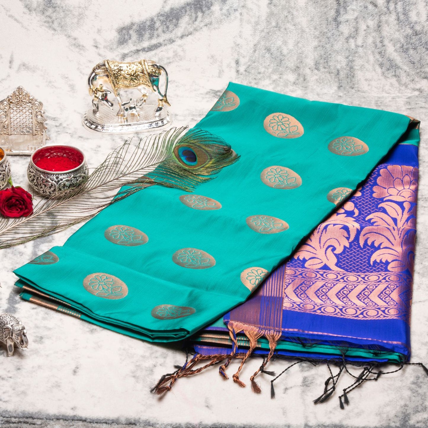 Kanchipuram Soft Thread Lite Sea Blue Silk Saree | KA10046