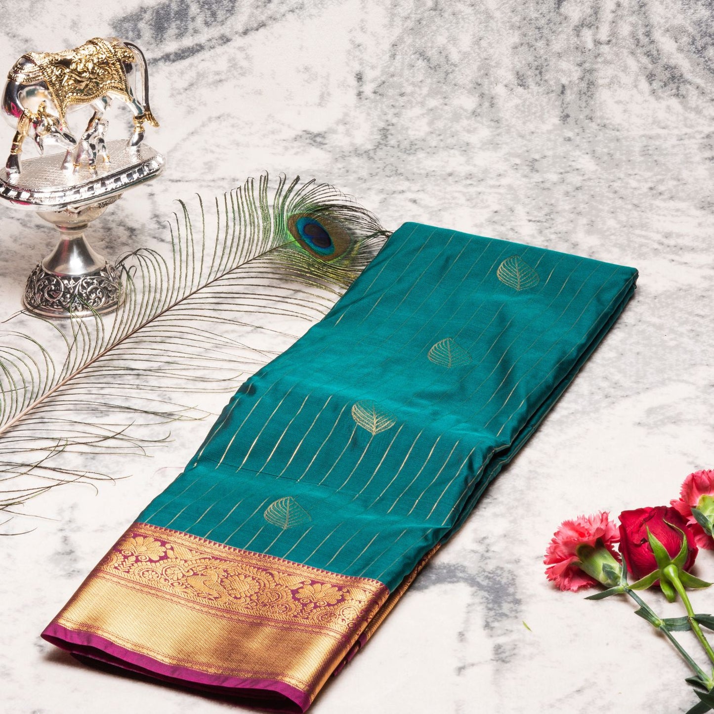 Kanchipuram Zary Dark Teal Silk Saree | KA10117