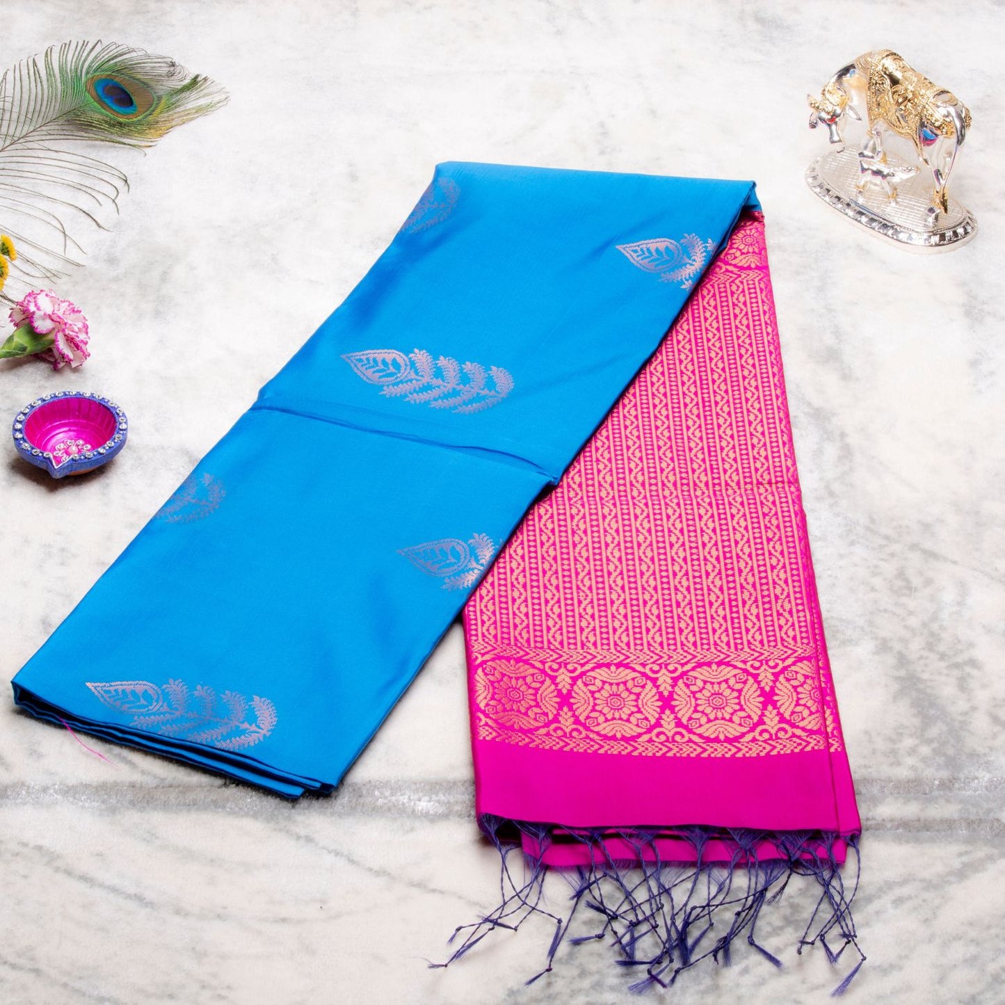 Kanchipuram Thread Dark Sky Blue Silk Saree | KA10033