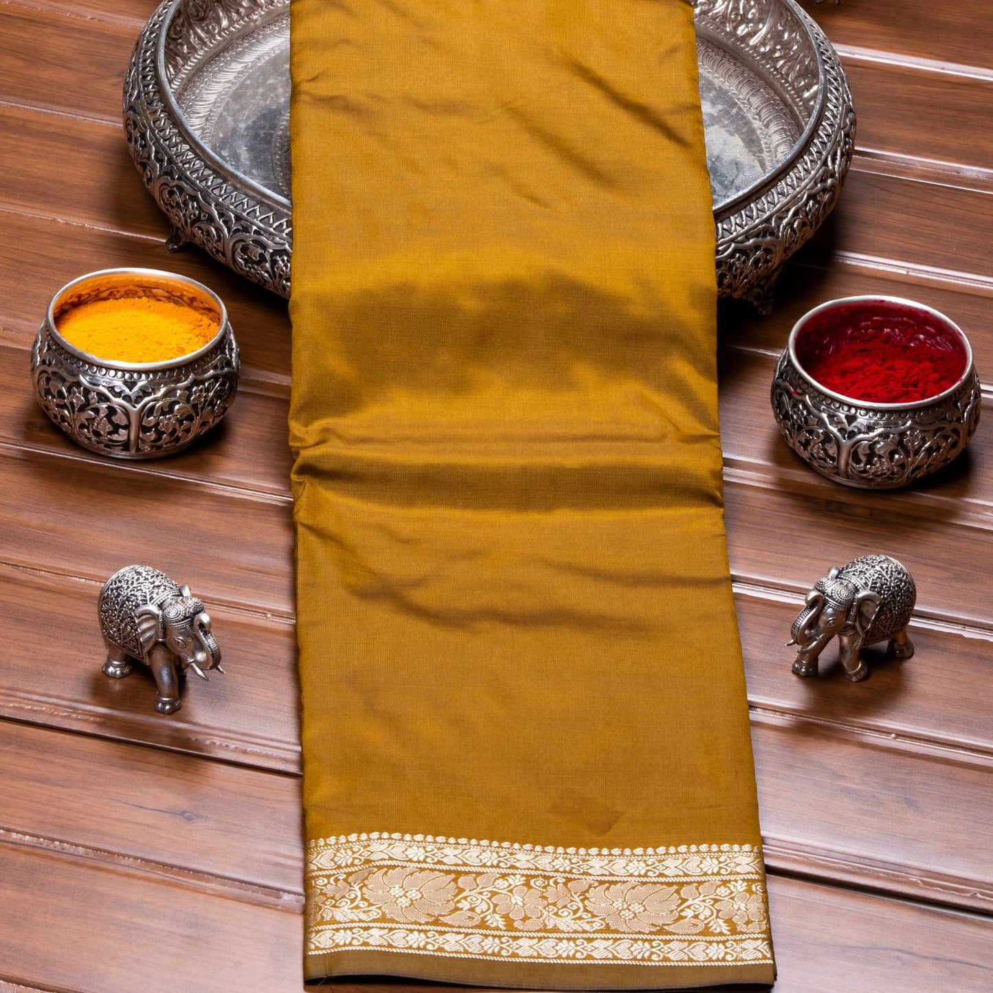 Kanchipuram Banarasi Golden Rod Silk Saree | KA10095