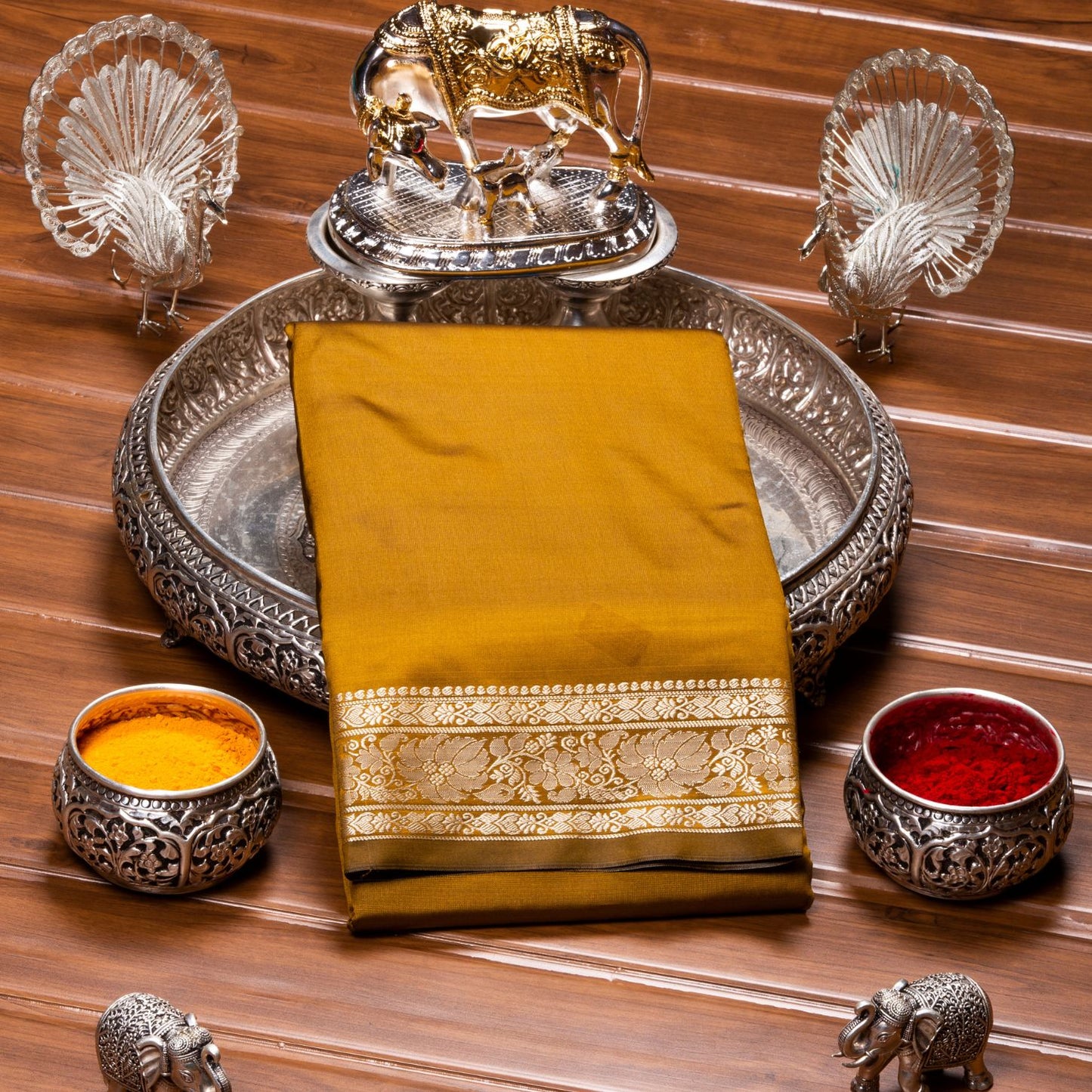 Kanchipuram Banarasi Golden Rod Silk Saree | KA10095