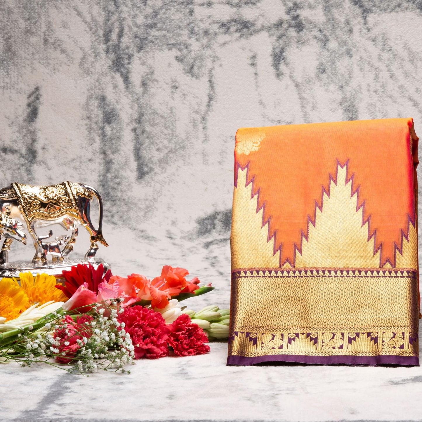 Kanchipuram Pure Orange Silk Saree | KA10149