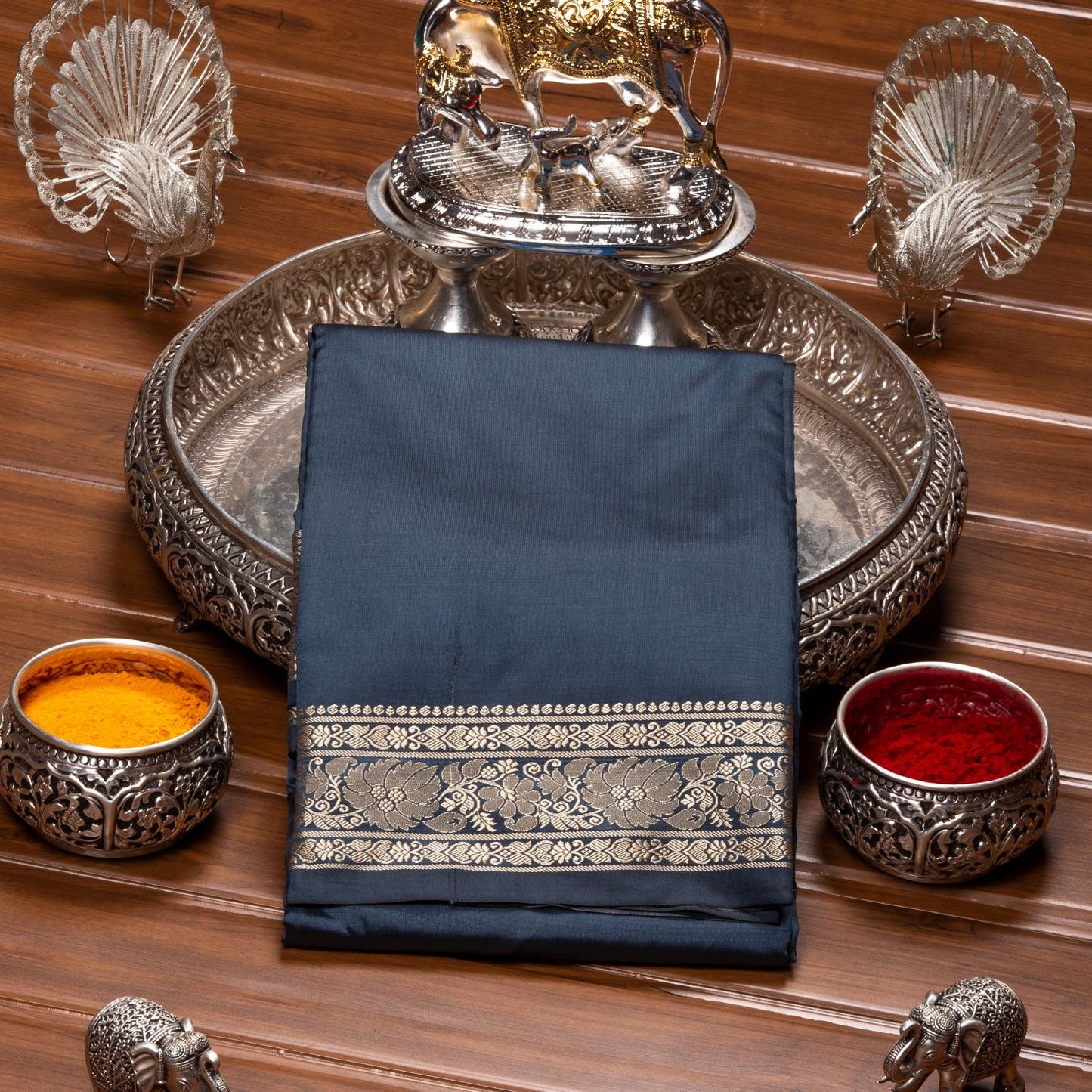 Kanchipuram Banarasi Dark Grey Silk Saree | KA10094