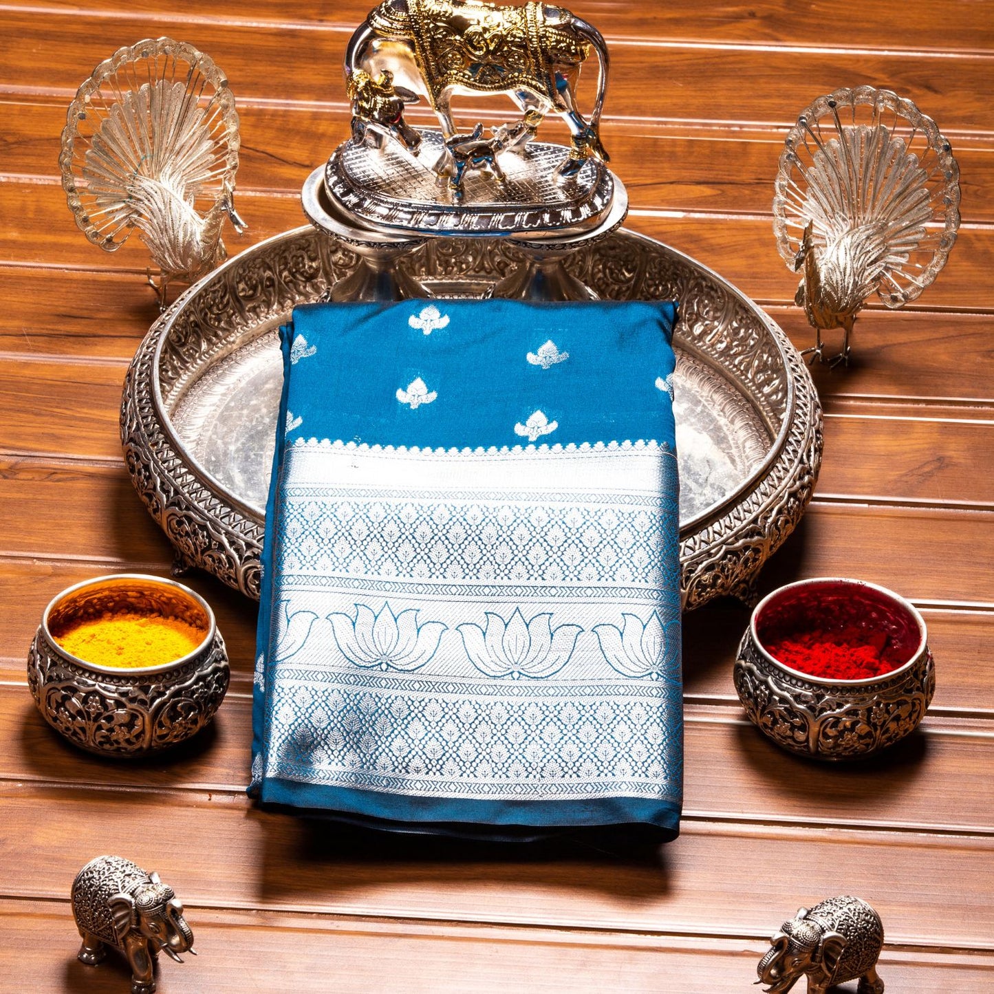 Silver Butta Steel Blue Silk Saree | KA10064