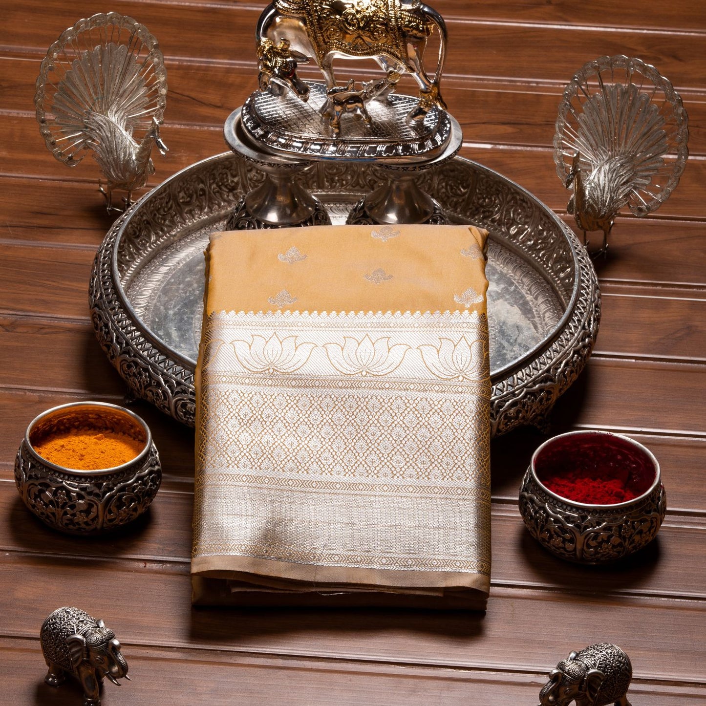 Silver Butta Light Wheat Silk Saree | KA10057