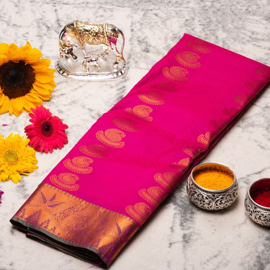 Kanchipuram Cotton Barbie Pink Silk Saree | KA10201