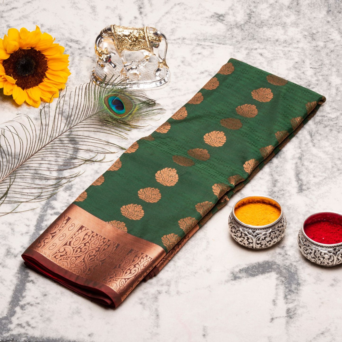 Kanchipuram Cotton Forest Green Silk Saree | KA10205