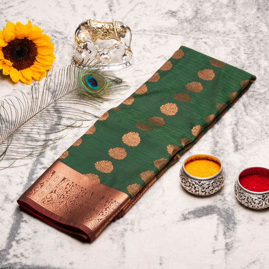 Kanchipuram Cotton Forest Green Silk Saree | KA10205