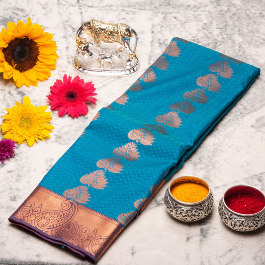 Kanchipuram Cotton Sea Blue Silk Saree | KA10200