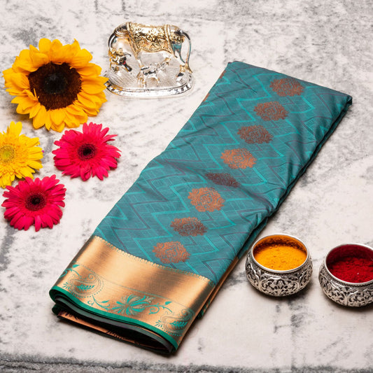 Kanchipuram Cotton Robin Green Silk Saree | KA10202