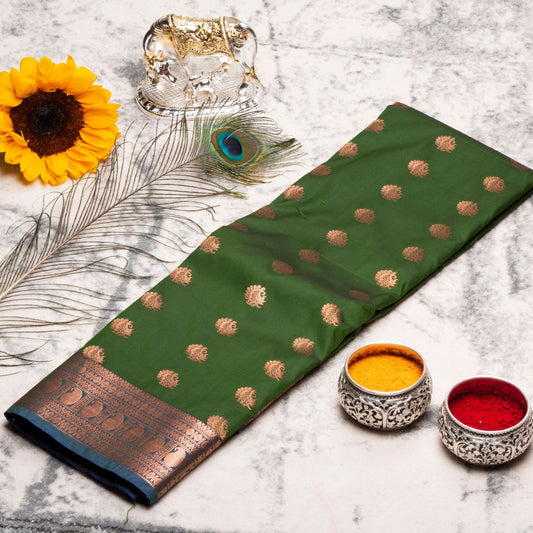 Kanchipuram Cotton Army Green Silk Saree | KA10206