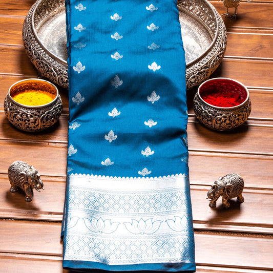 Silver Butta Steel Blue Silk Saree | KA10064