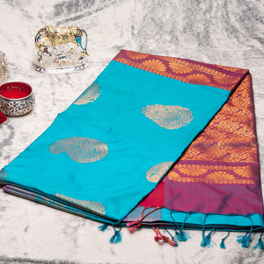 Kanchipuram Soft Thread Teal Silk Saree | KA10054