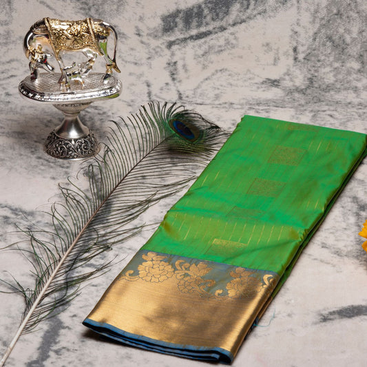 Kanchipuram Zary Parrot Green Silk Saree | KA10197