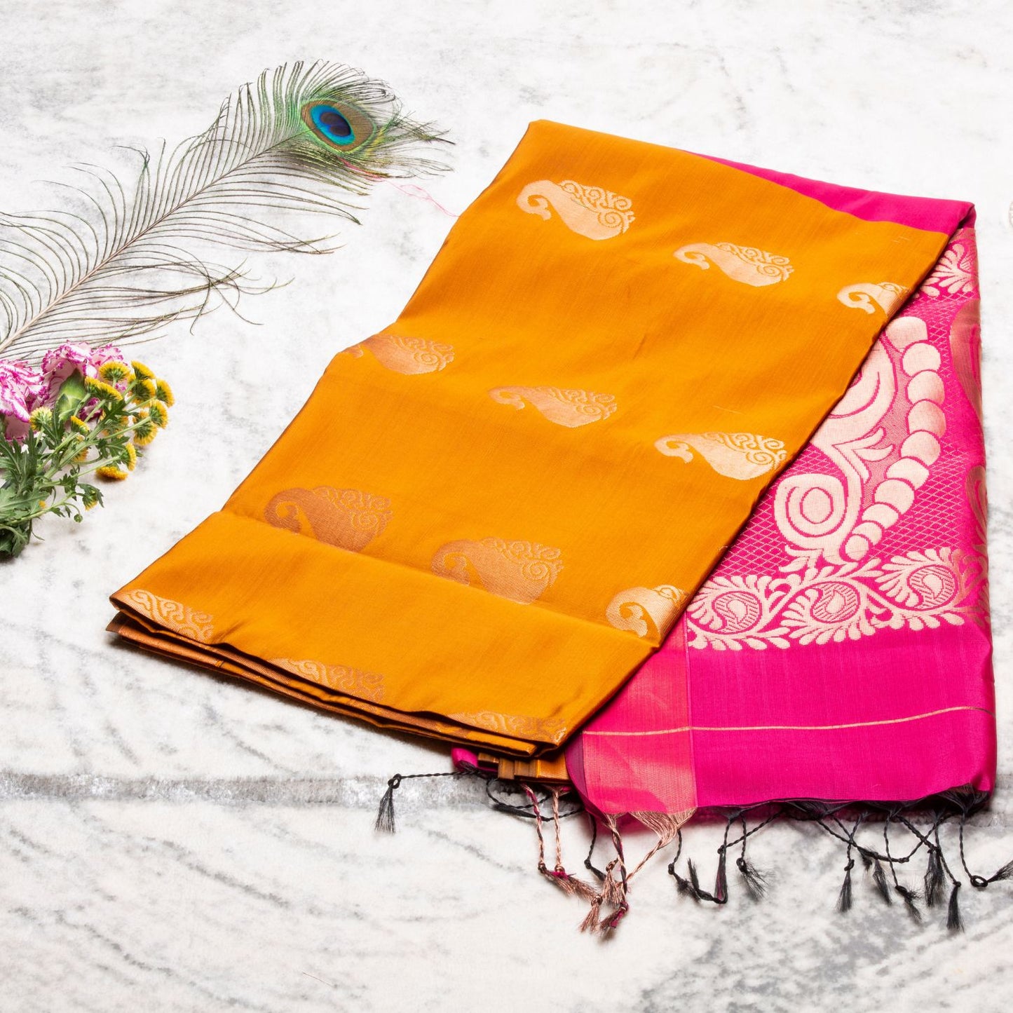 Kanchipuram Soft Thread Dark Orange Silk Saree | KA10040