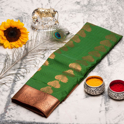 Kanchipuram Cotton Kelly Green Silk Saree | KA10207