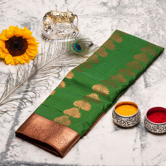 Kanchipuram Cotton Kelly Green Silk Saree | KA10207