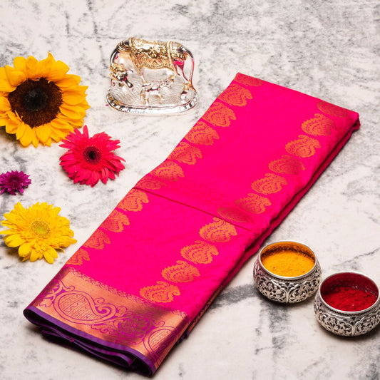 Kanchipuram Cotton Barbie Pink Silk Saree | KA10136