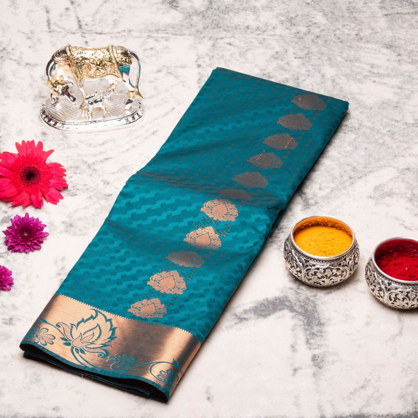 Kanchipuram Cotton Peacock Green Silk Saree | KA10199
