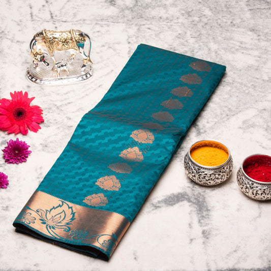 Kanchipuram Cotton Peacock Green Silk Saree | KA10199