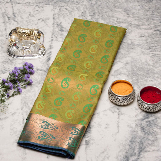 Kanchipuram Zary Green Yellow Silk Saree | KA10146