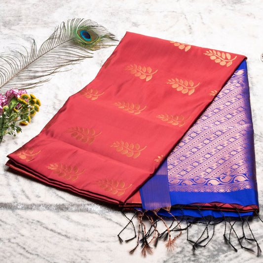 Kanchipuram Soft Thread Dark Coral Silk Saree | KA10042