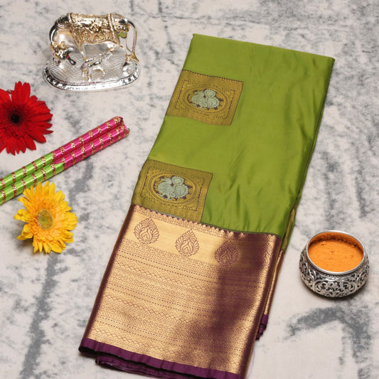 Kanchipuram Pure Lime Green Silk Saree | KA10225