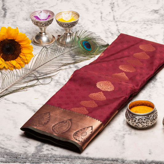 Kanchipuram Cotton Wine Brown Silk Saree | KA10210
