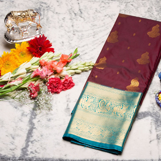 Kanchipuram Pure Wine Brown Silk Saree | KA10157