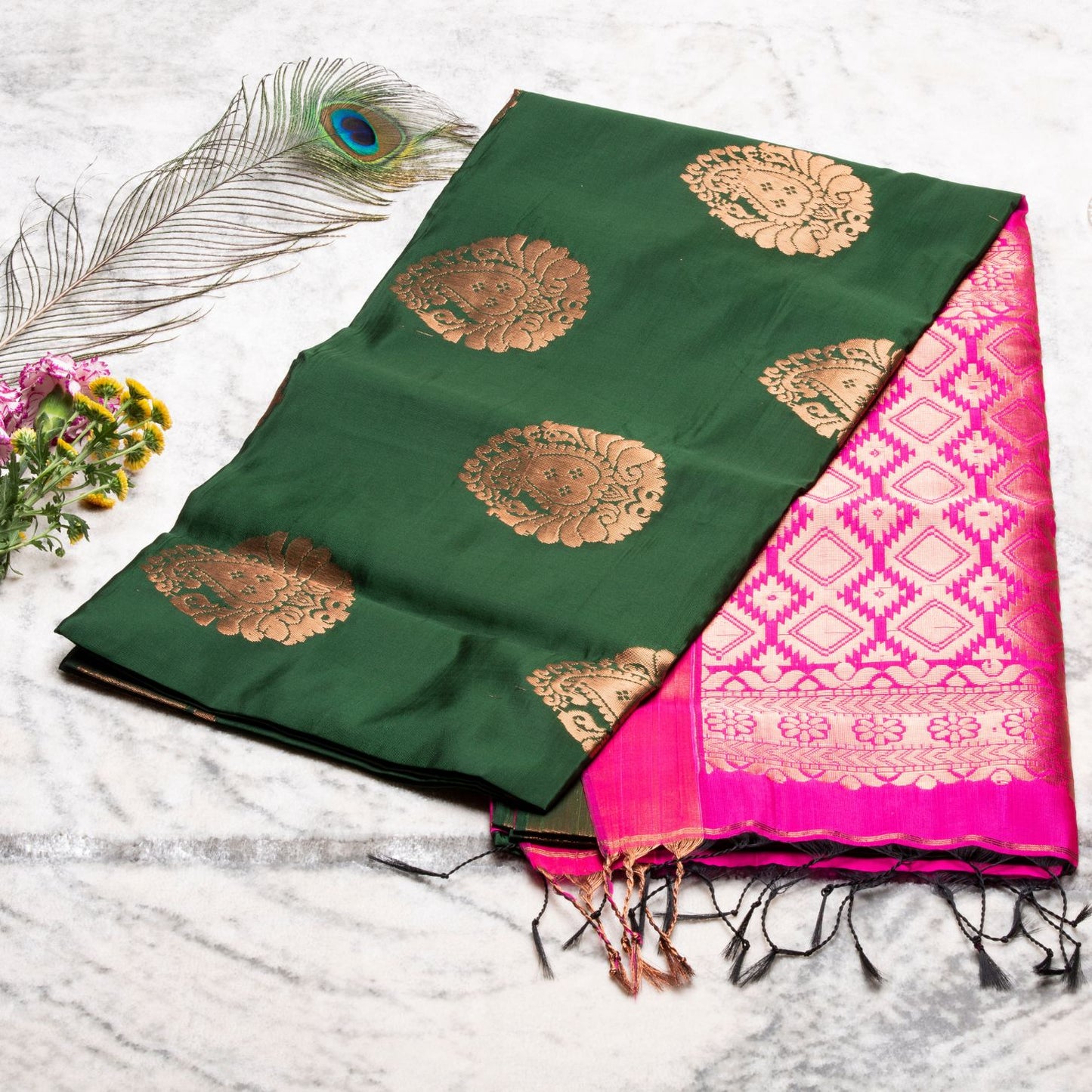 Kanchipuram Soft Thread Dark Green Silk Saree | KA10047