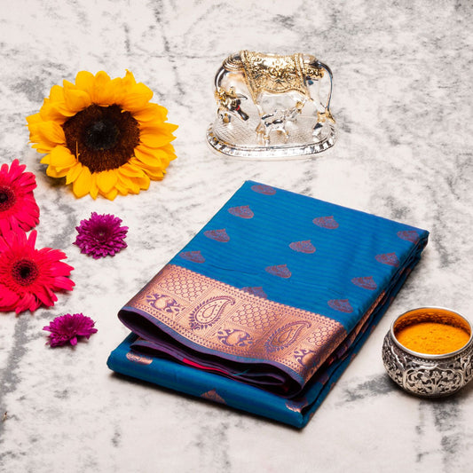 Kanchipuram Cotton Dark Sky Blue Silk Saree | KA10135