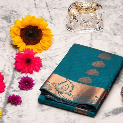 Kanchipuram Cotton Peacock Green Silk Saree | KA10199