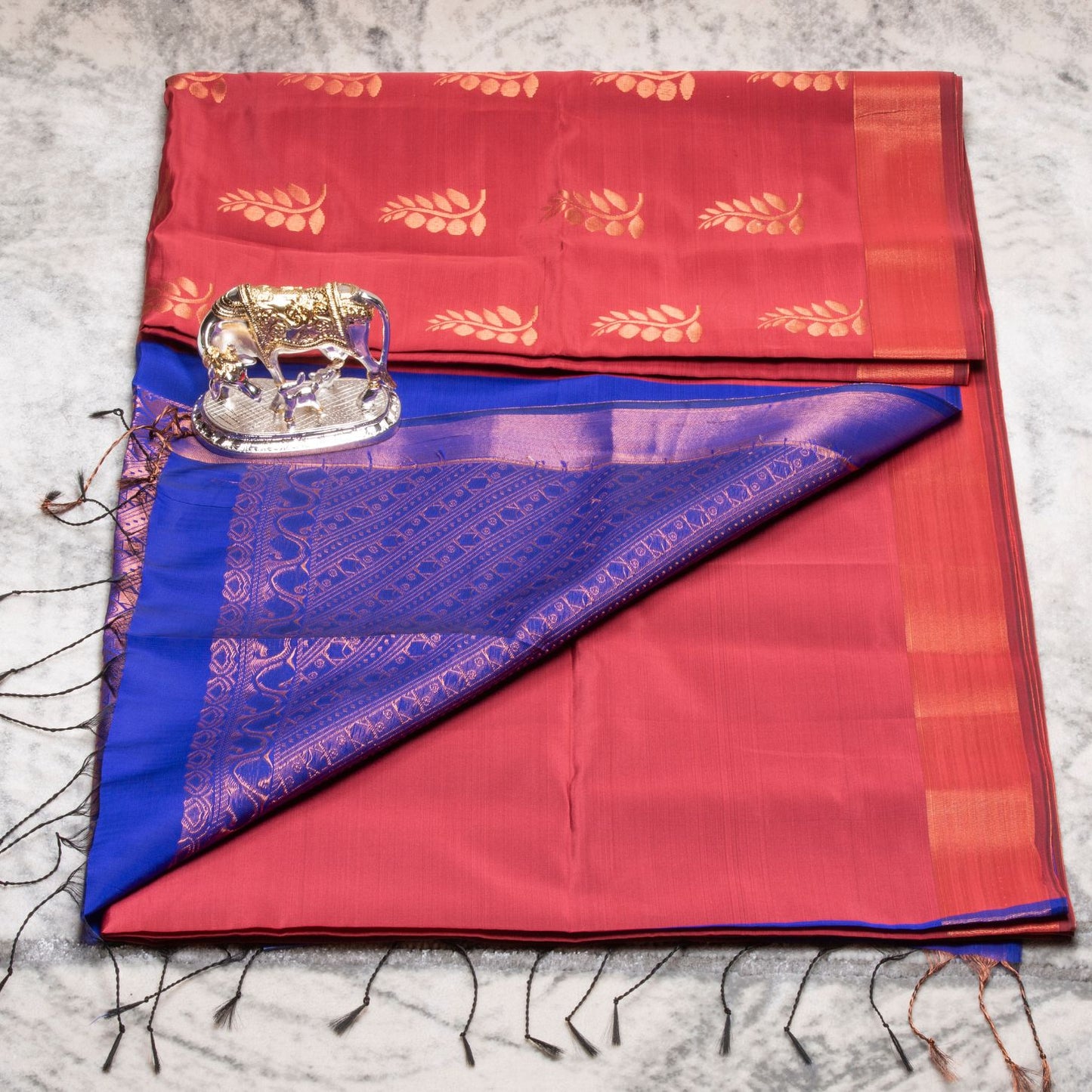 Kanchipuram Soft Thread Dark Coral Silk Saree | KA10042