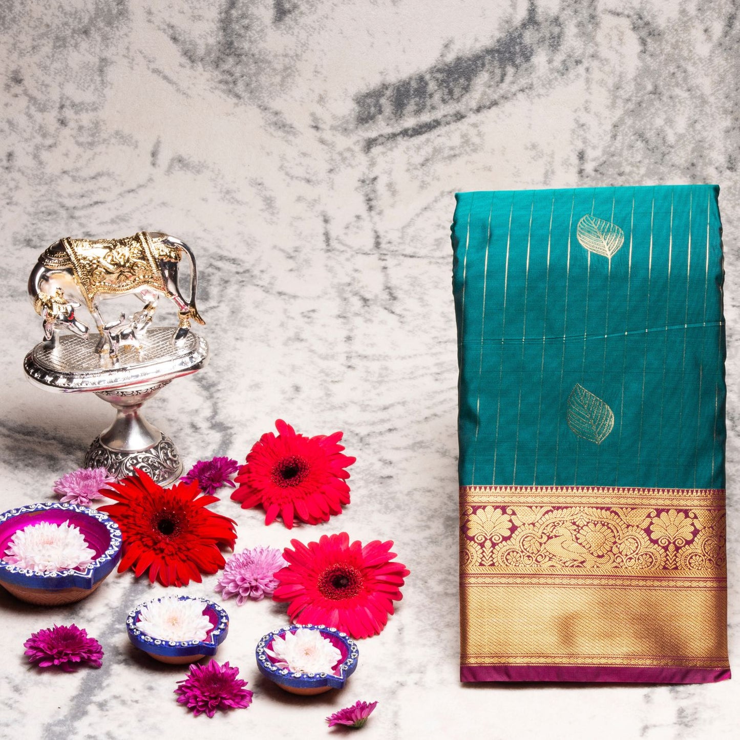 Kanchipuram Zary Dark Teal Silk Saree | KA10117