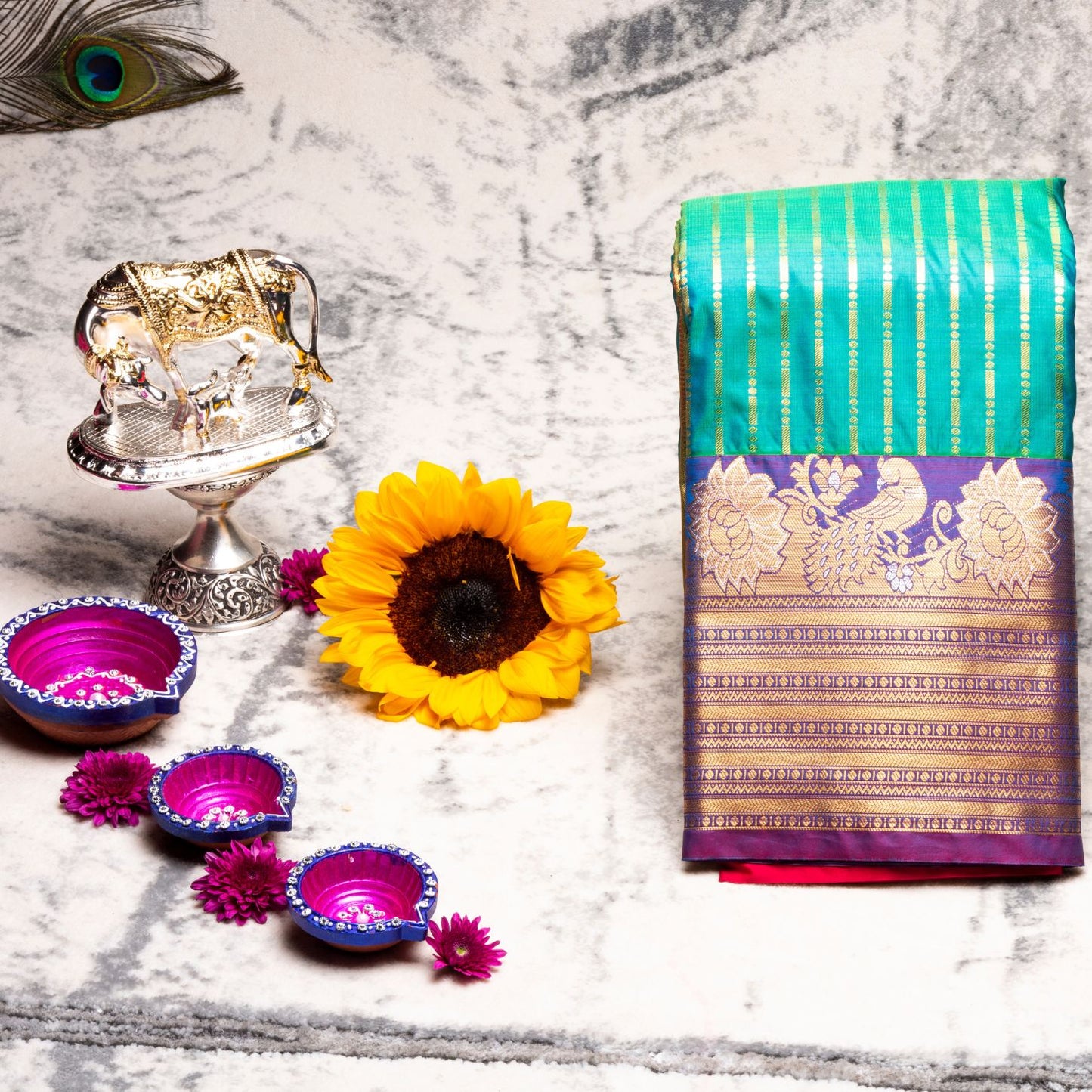 Kanchipuram Zary Medium Sea Green Silk Saree | KA10099