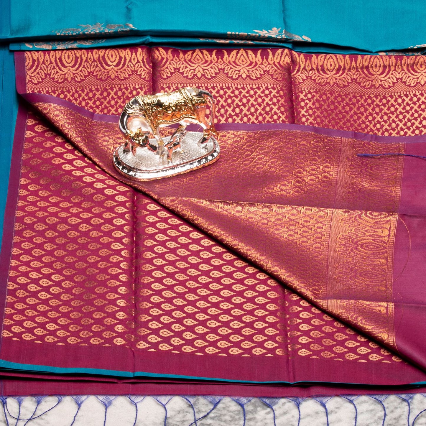 Kanchipuram Thread Teal Silk Saree | KA10031