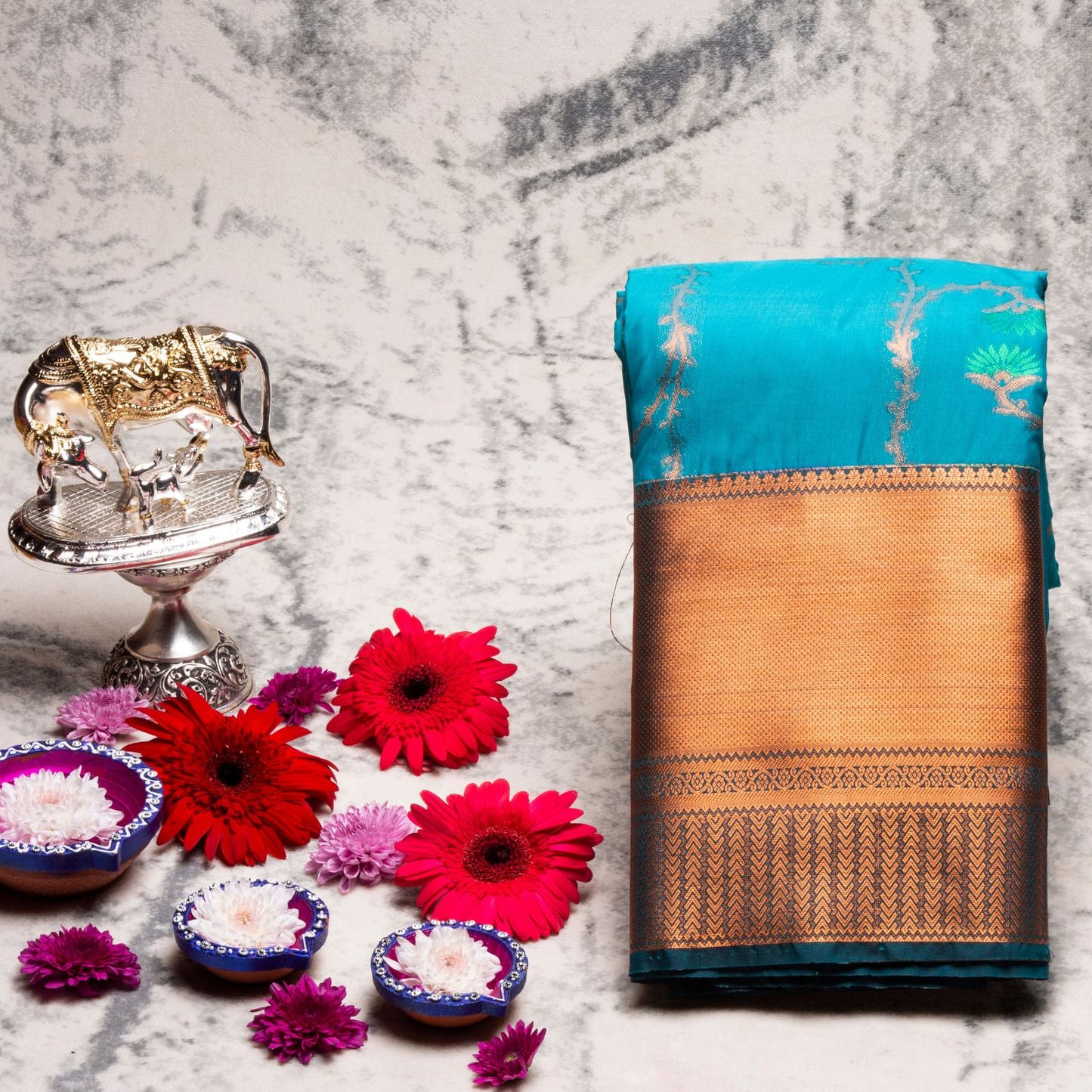 Kanchipuram Zary Deep Sky Blue Silk Saree | KA10105