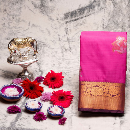 Kanchipuram Zary Dark Baby Pink Silk Saree | KA10107