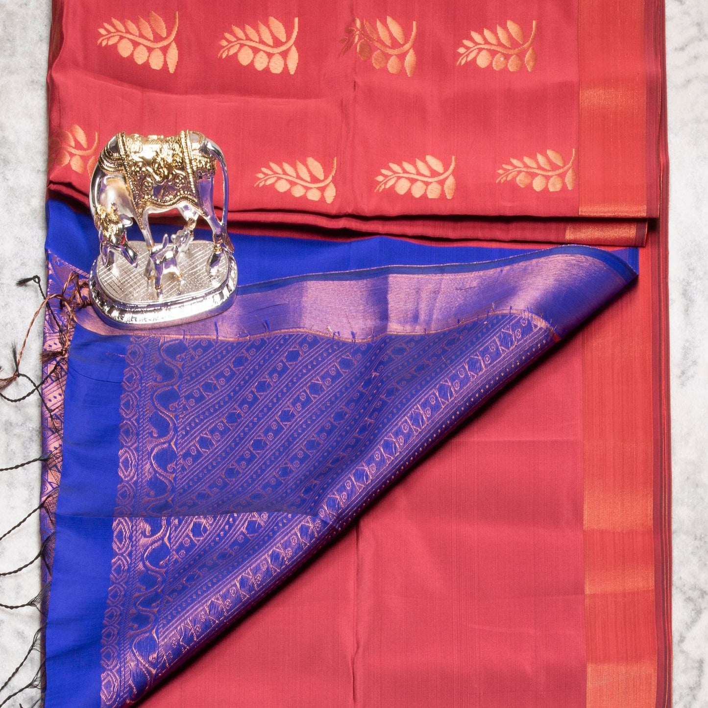 Kanchipuram Soft Thread Dark Coral Silk Saree | KA10042