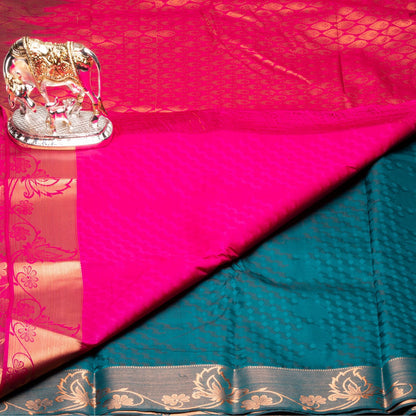 Kanchipuram Cotton Peacock Green Silk Saree | KA10199