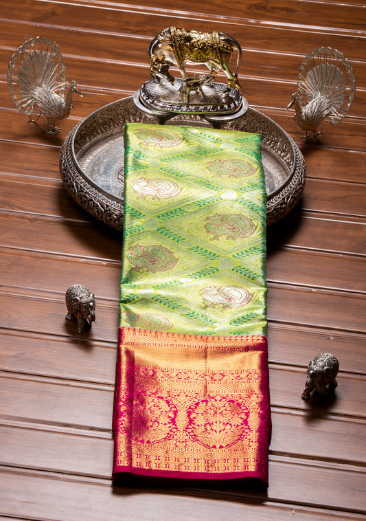 Kanchipuram Tissue Parrot Green Silk Saree | KA10179