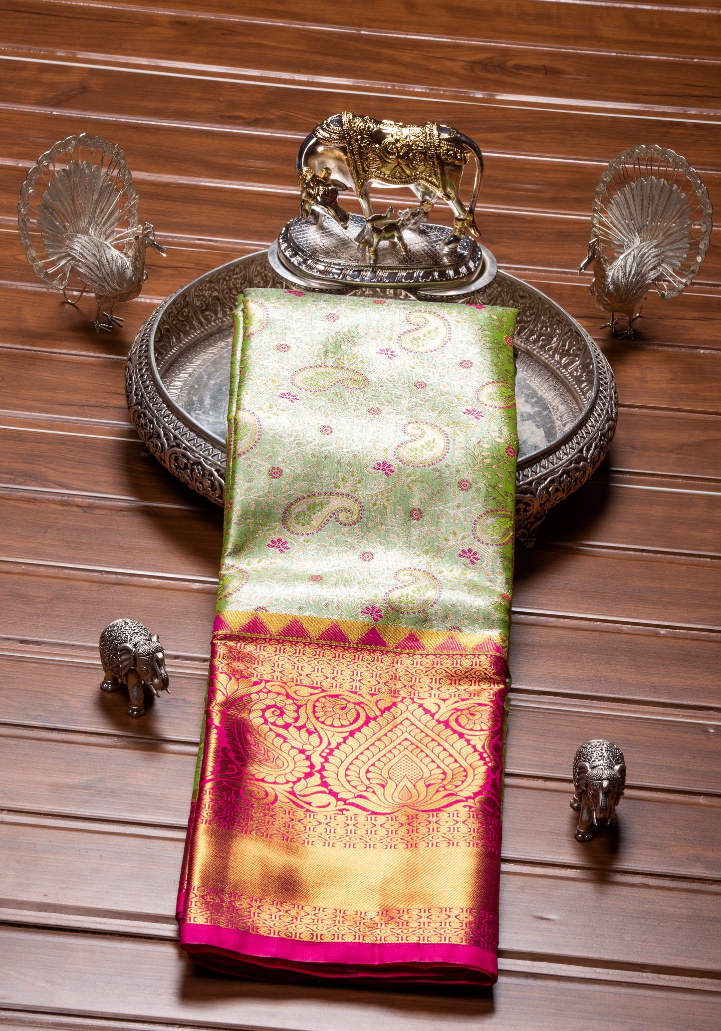 Kanchipuram Tissue Spear Mint Silk Saree | KA10176