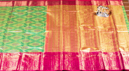 Kanchipuram Tissue Parrot Green Silk Saree | KA10179